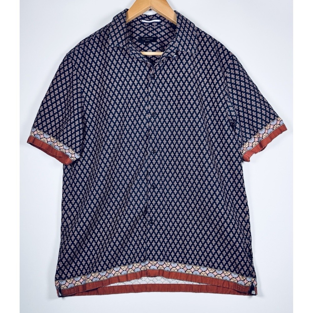 Ted Baker London Shirt Mens 4 Navy Geometric Print Short Sleeve Button Up Resort
